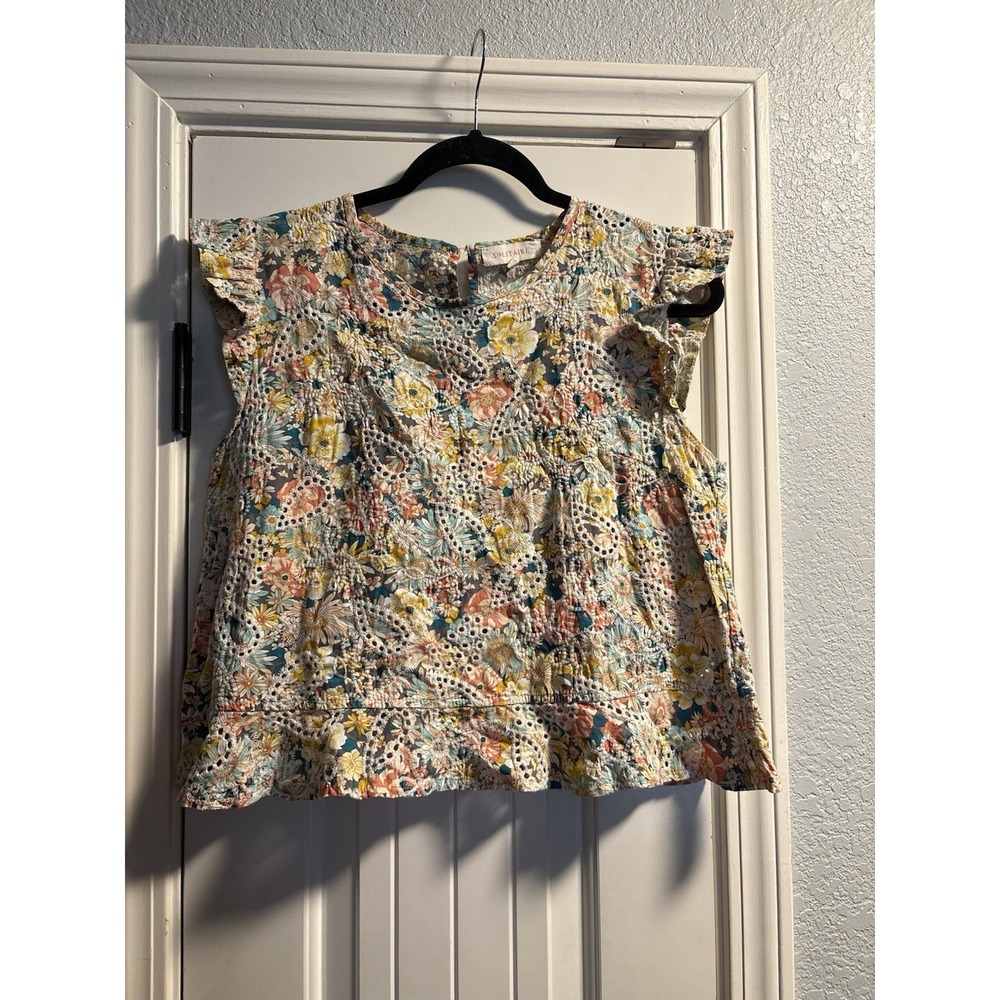 Solitaire Floral Eyelet Lace Blouse Large Boho Peplum Flutter Sleeve Top Cottage